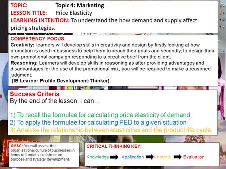 TOPIC:Topic 4: Marketing LESSON TITLE:Price Elasticity LEARNING INTENTION: To understand the how demand and supply affect pricing strategies. COMPETENCY.