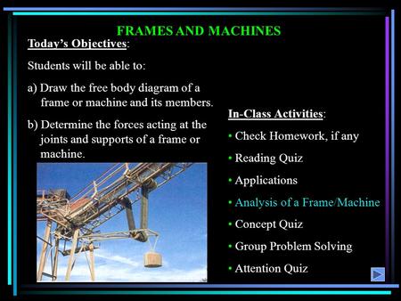 FRAMES AND MACHINES Today’s Objectives: Students will be able to: a) Draw the free body diagram of a frame or machine and its members. b) Determine the.