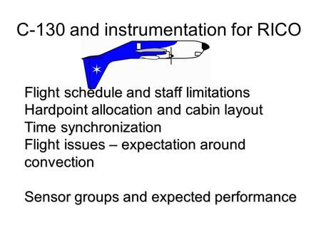 Flight schedule and staff limitations Hardpoint allocation and cabin layout Time synchronization Flight issues – expectation around convection Sensor groups.