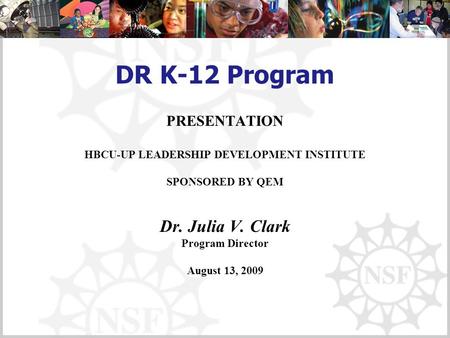 DR K-12 Program PRESENTATION HBCU-UP LEADERSHIP DEVELOPMENT INSTITUTE SPONSORED BY QEM Dr. Julia V. Clark Program Director August 13, 2009.