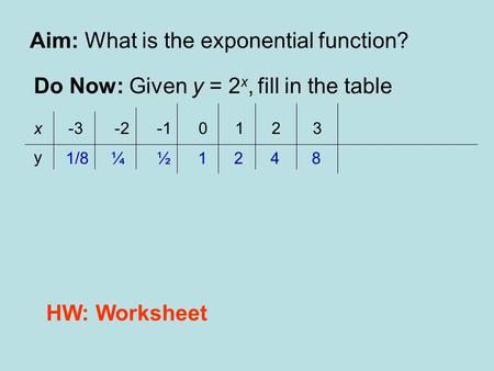 Aim: What is the exponential function? Do Now: Given y = 2 x, fill in the table x -3 -2 -1 0 1 2 3 1/8 ¼ ½ 1 2 4 8 y HW: Worksheet.