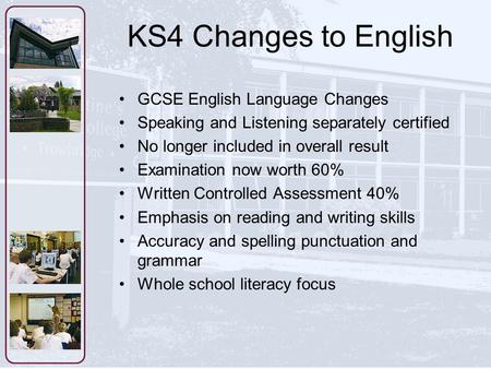 KS4 Changes to English GCSE English Language Changes Speaking and Listening separately certified No longer included in overall result Examination now worth.