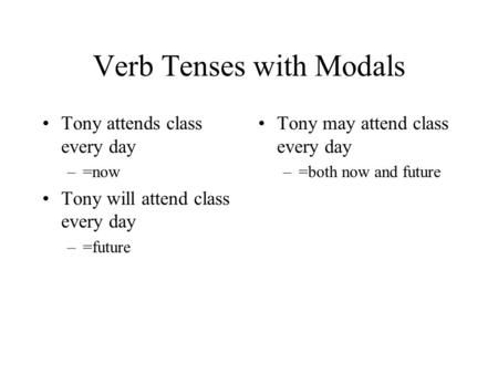 Verb Tenses with Modals Tony attends class every day –=now Tony will attend class every day –=future Tony may attend class every day –=both now and future.