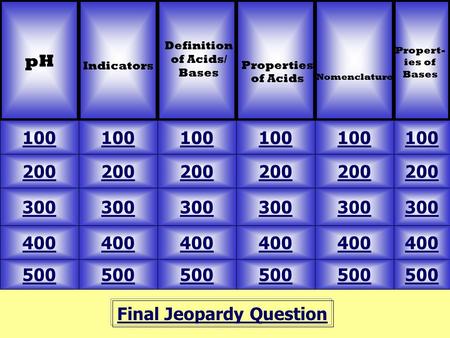 Final Jeopardy Question pH Indicators 500 100 200 300 400 500 400 300 200 100 200 300 400 500 Definition of Acids/ Bases Properties of Acids Nomenclature.