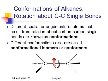 © Prentice Hall 2001Chapter 21 Conformations of Alkanes: Rotation about C-C Single Bonds Different spatial arrangements of atoms that result from rotation.