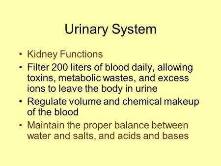Urinary System Kidney Functions Filter 200 liters of blood daily, allowing toxins, metabolic wastes, and excess ions to leave the body in urine Regulate.