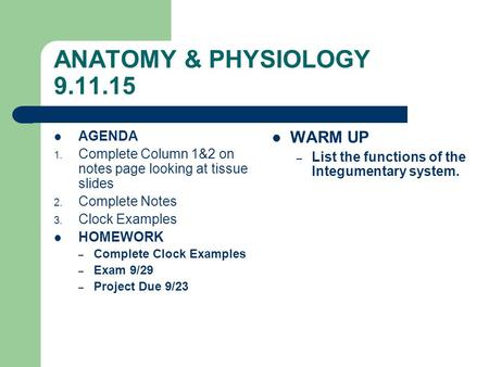 ANATOMY & PHYSIOLOGY 9.11.15 AGENDA 1. Complete Column 1&2 on notes page looking at tissue slides 2. Complete Notes 3. Clock Examples HOMEWORK – Complete.