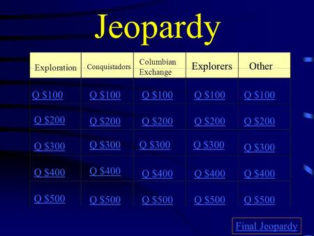 Jeopardy Exploration Conquistadors Columbian Exchange ExplorersOther Q $100 Q $200 Q $300 Q $400 Q $500 Q $100 Q $200 Q $300 Q $400 Q $500 Final Jeopardy.