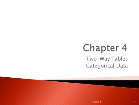 Two-Way Tables Categorical Data. Chapter 4 1.  In this chapter we will study the relationship between two categorical variables (variables whose values.