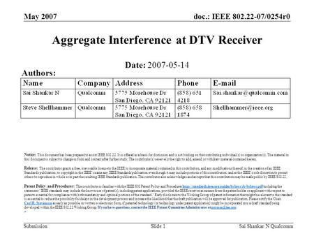 Doc.: IEEE 802.22-07/0254r0 Submission May 2007 Sai Shankar N QualcommSlide 1 Aggregate Interference at DTV Receiver Date: 2007-05-14 Authors: Notice: