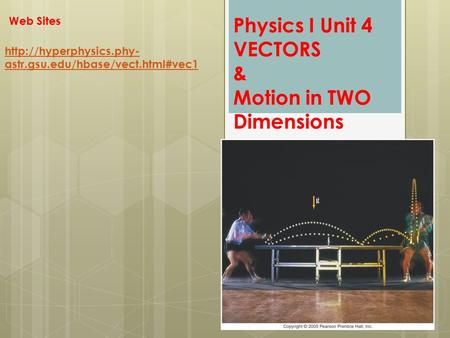Physics I Unit 4 VECTORS & Motion in TWO Dimensions  astr.gsu.edu/hbase/vect.html#vec1 Web Sites.