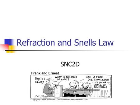 Refraction and Snells Law SNC2D Index of Refraction Light will travel more slowly in more dense materials. The ratio of the speed of light in a vacuum.