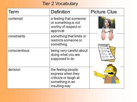 Tier 2 Vocabulary TermDefinitionPicture Clue contempta feeling that someone or something is not worthy of respect or approval constraintssomething that.