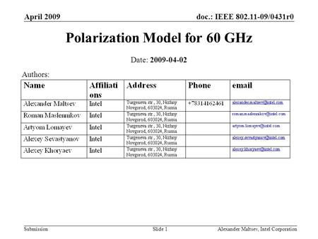 Doc.: IEEE 802.11-09/0431r0 Submission April 2009 Alexander Maltsev, Intel CorporationSlide 1 Polarization Model for 60 GHz Date: 2009-04-02 Authors: