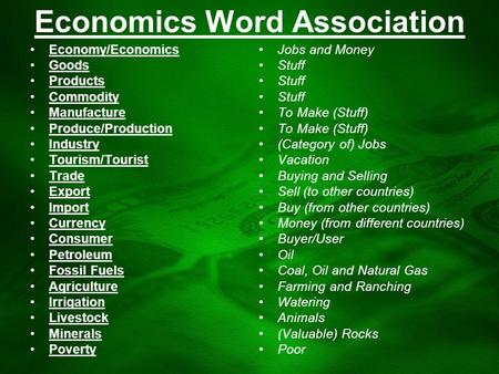 Economics Word Association Economy/Economics Goods Products Commodity Manufacture Produce/Production Industry Tourism/Tourist Trade Export Import Currency.