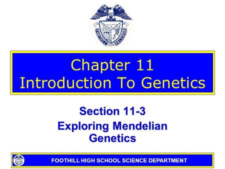 FOOTHILL HIGH SCHOOL SCIENCE DEPARTMENT Chapter 11 Introduction To Genetics Section 11-3 Exploring Mendelian Genetics.