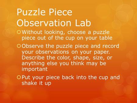 Puzzle Piece Observation Lab  Without looking, choose a puzzle piece out of the cup on your table  Observe the puzzle piece and record your observations.