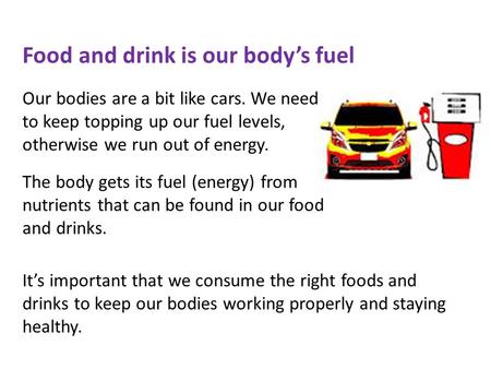 Food and drink is our body’s fuel Our bodies are a bit like cars. We need to keep topping up our fuel levels, otherwise we run out of energy. The body.