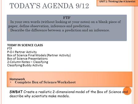 TODAY’S AGENDA 9/12 UNIT 1: Thinking Like A Scientist FTF