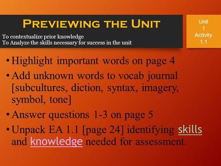 To contextualize prior knowledge To Analyze the skills necessary for success in the unit Highlight important words on page 4 Add unknown words to vocab.