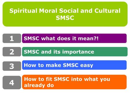 Spiritual Moral Social and Cultural SMSC 1 SMSC what does it mean?! How to fit SMSC into what you already do SMSC and its importance 2 3 4 How to make.