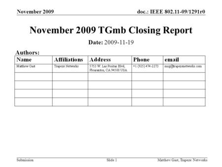 Doc.: IEEE 802.11-09/1291r0 Submission November 2009 Matthew Gast, Trapeze NetworksSlide 1 November 2009 TGmb Closing Report Date: 2009-11-19 Authors: