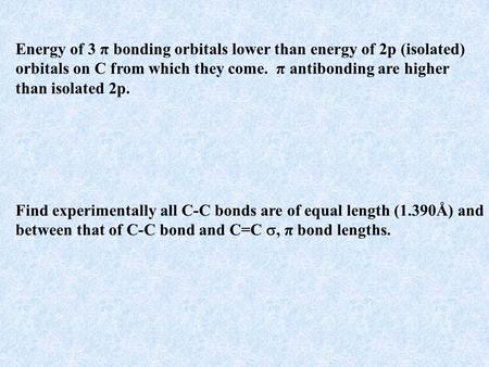 Energy of 3 π bonding orbitals lower than energy of 2p (isolated) orbitals on C from which they come. π antibonding are higher than isolated 2p. Find experimentally.