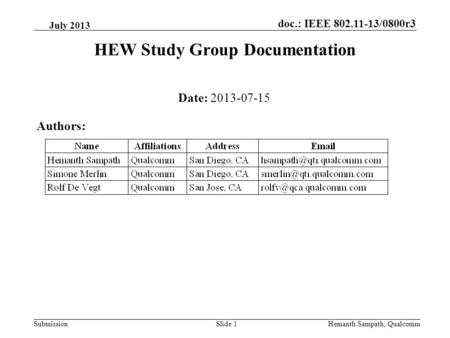 Doc.: IEEE 802.11-13/0800r3 SubmissionHemanth Sampath, QualcommSlide 1 HEW Study Group Documentation Date: 2013-07-15 Authors: July 2013.