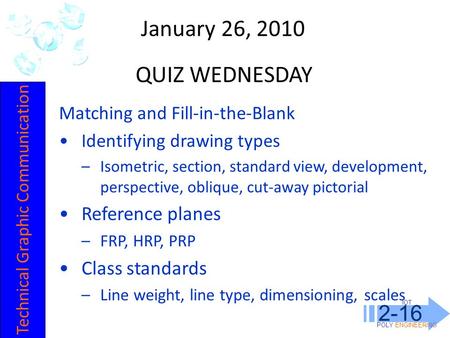 IOT POLY ENGINEERING 2-16 January 26, 2010 Matching and Fill-in-the-Blank Identifying drawing types –Isometric, section, standard view, development, perspective,