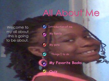My Favorite Books Quiz Introduction of me My family My pets Things I to do.