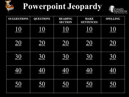Powerpoint Jeopardy SUGGESTIONSQUESTIONSREADING SECTION MAKE SENTENCES SPELLING 10 20 30 40 50.