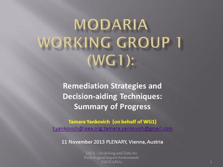 Remediation Strategies and Decision-aiding Techniques: Summary of Progress Tamara Yankovich (on behalf of WG1)