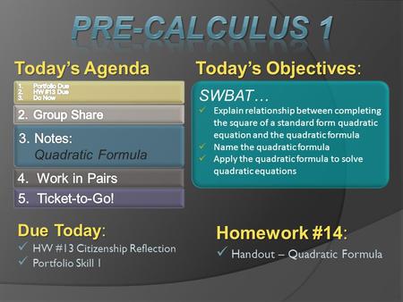 Today’s Objectives: Today’s Agenda SWBAT… Explain relationship between completing the square of a standard form quadratic equation and the quadratic formula.