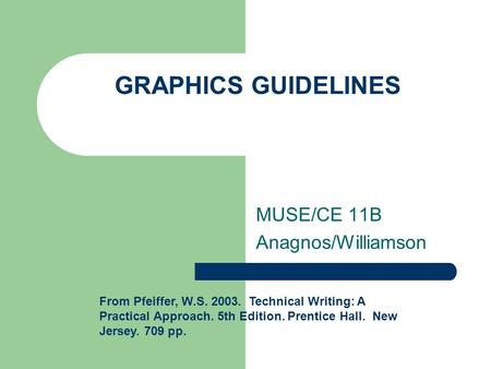 GRAPHICS GUIDELINES MUSE/CE 11B Anagnos/Williamson From Pfeiffer, W.S. 2003. Technical Writing: A Practical Approach. 5th Edition. Prentice Hall. New Jersey.