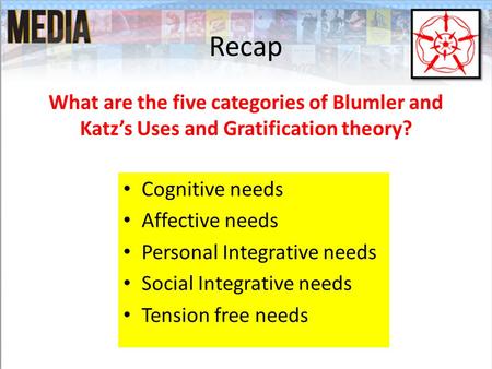 Recap What are the five categories of Blumler and Katz’s Uses and Gratification theory? Cognitive needs Affective needs Personal Integrative needs Social.
