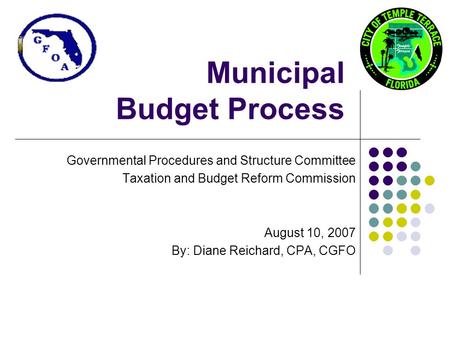 Municipal Budget Process Governmental Procedures and Structure Committee Taxation and Budget Reform Commission August 10, 2007 By: Diane Reichard, CPA,