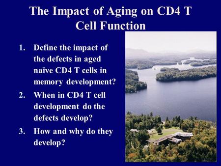 The Impact of Aging on CD4 T Cell Function 1.Define the impact of the defects in aged naïve CD4 T cells in memory development? 2.When in CD4 T cell development.