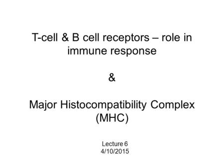T-cell & B cell receptors – role in immune response & Major Histocompatibility Complex (MHC) Lecture 6 4/10/2015.