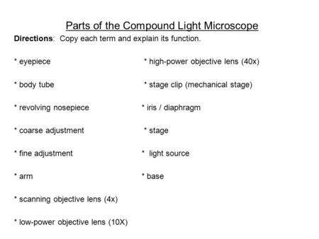 Parts of the Compound Light Microscope Directions: Copy each term and explain its function. * eyepiece * high-power objective lens (40x) * body tube *
