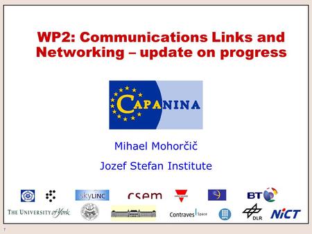 1 WP2: Communications Links and Networking – update on progress Mihael Mohorčič Jozef Stefan Institute.