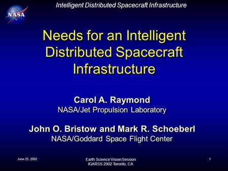 Intelligent Distributed Spacecraft Infrastructure Earth Science Vision Session IGARSS 2002 Toronto, CA June 25, 20021 Needs for an Intelligent Distributed.