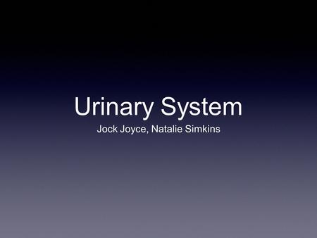 Urinary System Jock Joyce, Natalie Simkins. Function Produce, filter, and expel urine.