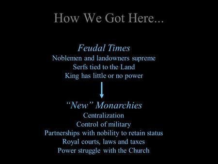 How We Got Here... Feudal Times Noblemen and landowners supreme Serfs tied to the Land King has little or no power “New” Monarchies Centralization Control.