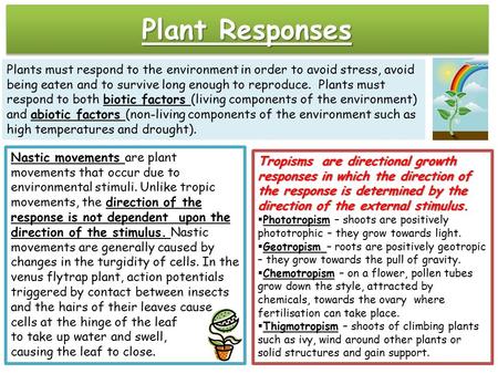 Plant Responses Plants must respond to the environment in order to avoid stress, avoid being eaten and to survive long enough to reproduce. Plants must.