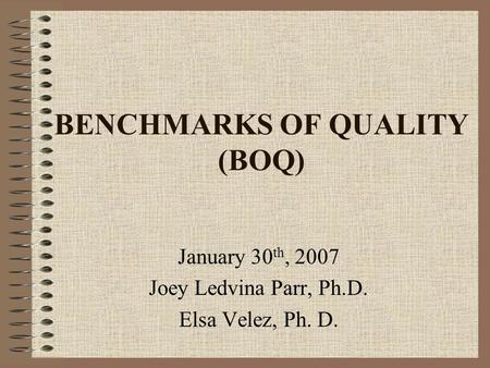 BENCHMARKS OF QUALITY (BOQ) January 30 th, 2007 Joey Ledvina Parr, Ph.D. Elsa Velez, Ph. D.