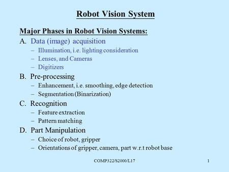 COMP322/S2000/L171 Robot Vision System Major Phases in Robot Vision Systems: A. Data (image) acquisition –Illumination, i.e. lighting consideration –Lenses,