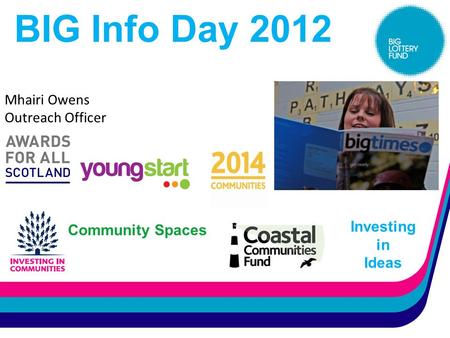 BIG Info Day 2012 Investing in Ideas Mhairi Owens Outreach Officer Community Spaces.