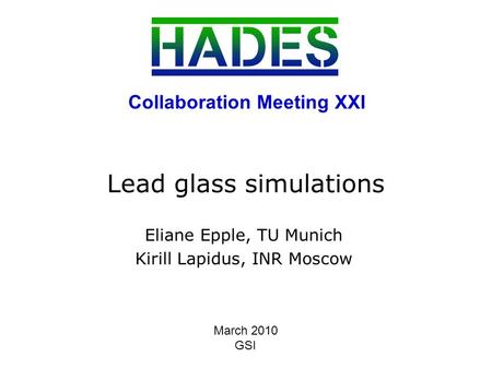 1 Lead glass simulations Eliane Epple, TU Munich Kirill Lapidus, INR Moscow Collaboration Meeting XXI March 2010 GSI.