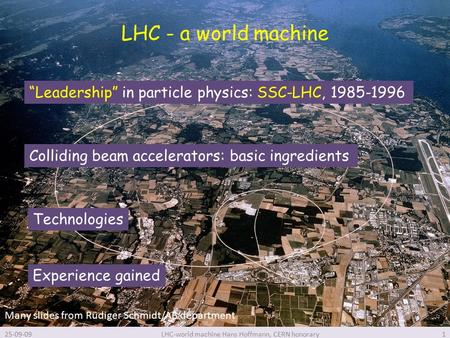 LHC - a world machine 25-09-09LHC-world machine Hans Hoffmann, CERN honorary1 “Leadership” in particle physics: SSC-LHC, 1985-1996 Colliding beam accelerators: