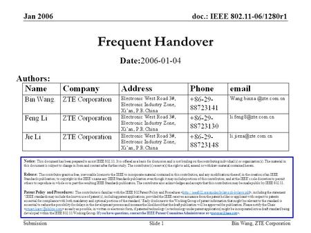 Doc.: IEEE 802.11-06/1280r1 Submission Jan 2006 Bin Wang, ZTE CorporationSlide 1 Frequent Handover Notice: This document has been prepared to assist IEEE.